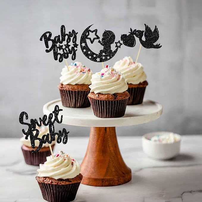 24Pcs Sweet Baby Boy Cupcake Toppers Black Glitter Moon Star Baby Shower Gender Reveal Cupcake Picks Decorations for Baby Shower Kids Boys Birthday Party Cake Decorations Supplies