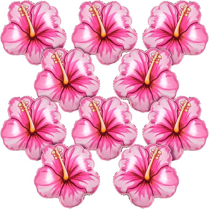 10Pcs Tropical Hibiscus Foil Balloons, Pink Hibiscus Flowers Balloon for Magic Theme Summer Hawaiian Luau Aloha Birthday Party Decorations