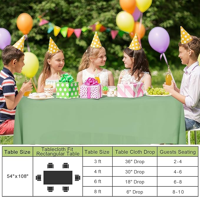 Smiry Disposable Table Cloth - 12 Pack, 54 x 108 Inch Waterproof Rectangle Tablecloths for Parties, Decorative Plastic Table Cover, Leakproof & Sturdy, Sage Green