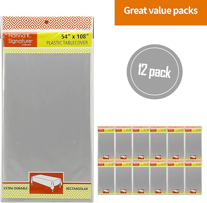 Silver Disposable Plastic Tablecloth for Rectangle Tables (12 Pack) Premium Decorative Table Cloths for Parties, Events & Weddings, Indoors & Outdoors, 54 x 108 inches, Plastic Table Cover