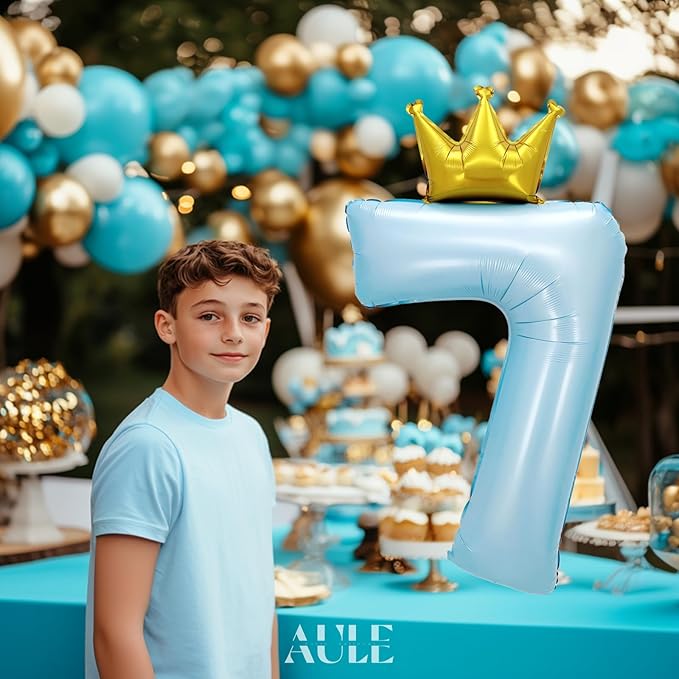 AULE 40 Inch Big Light Blue 7 Balloon Number with Crown Large Foil Helium Number Balloons 0-9 Jumbo Giant Happy 7th Birthday Party Decorations Huge Mylar Anniversary Party Supplies