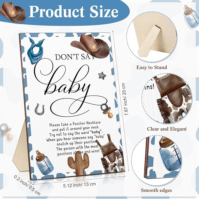 Geetery 51 Pcs Don't Say Baby Game Sign Cool Baby Shower Game 50 Pacifier Necklace Wooden Don't Say Sign Plastic Pacifier Party Favor for Gender Reveal(Cowboy,Blue)