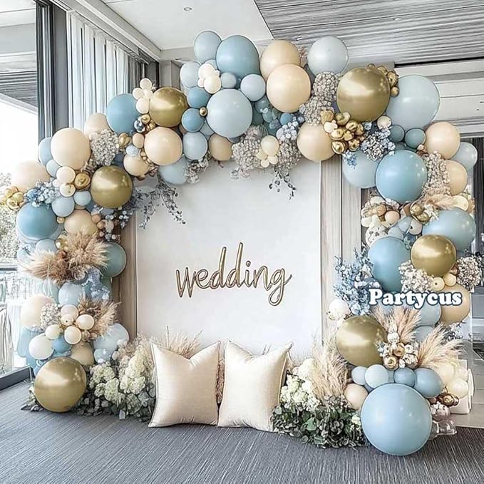 Dusty Blue White Sand Balloon Garland Double Stuffed Pastel Light Blue Cream Beige Matte Balloon Arch Kit with Gold Latex for Neutral Baby Shower Bridal Wedding Birthday Easter Party