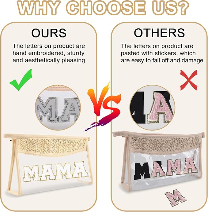 Iqimott Clear Patch Makeup Letter Bag, Boho Letter Bag for Beach Swim, Waterproof Zipper Make up Bags Toiletry Pouch for Women Girls, Clear Letters Patch Cosmetic Bags for Travel(Mama, Beige)