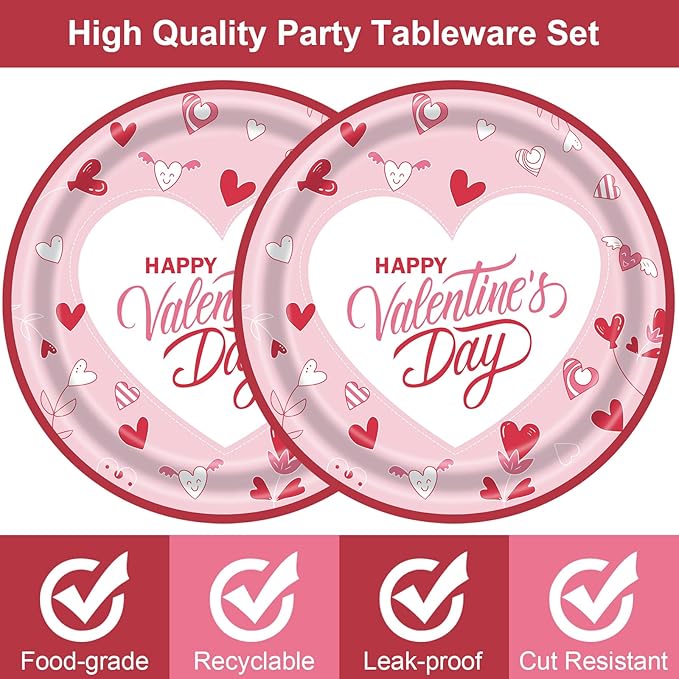 Pink Valentines Day Plates and Napkins Set for 20 Guests - Disposable Heart Paper Plates 9 inch 20 pcs & Floral Napkins 20 pcs, Perfect for Galentines Party Decorations, Romantic Dinner Party Supplies
