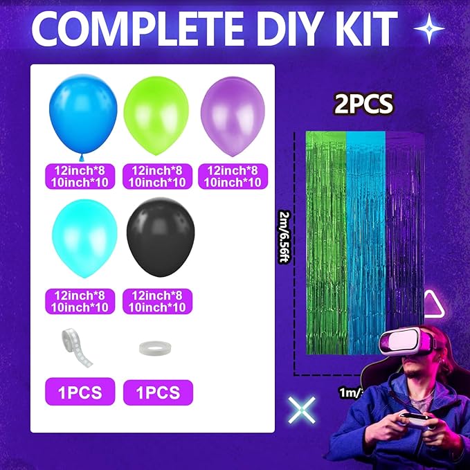 Video Game Balloon Arch Garland Kit Birthday Party Decorations, Purple Blue Green Foil Fringe Curtains Backdrop Tinsel Streamer Photo Booth Props for Gaming Theme Party Decor Supplies Favors