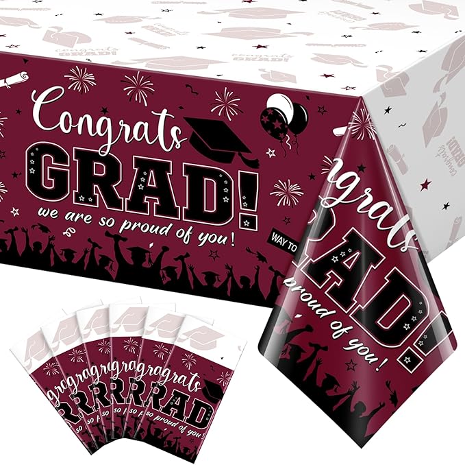 6 Pack Graduation Tablecloth Party Decorations, Class of 2026 Congrats Grad Plastic Tablecover Party Supplies, Maroon Rectangle Graduation Table Decorations for College High School Party, 54 x 108Inch
