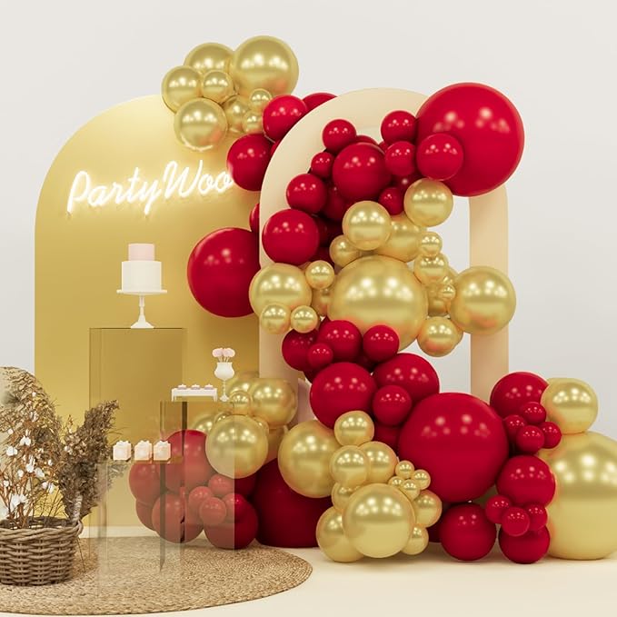 PartyWoo Red and Gold Balloons, 140 pcs Ruby Red and Gold Balloons Different Sizes Pack of 18 Inch 12 Inch 10 Inch 5 Inch for Balloon Garland or Balloon Arch as Birthday Decorations, Party Decorations