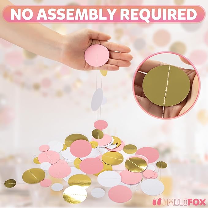 52FT Party Garlands, Paper Garland Circle Dots, Hanging Circle Banner Decorations for Birthday, Party, Wedding, Baby Shower, Graduations, Christmas, Wall Decor (Gold White Red Pink Garlands)