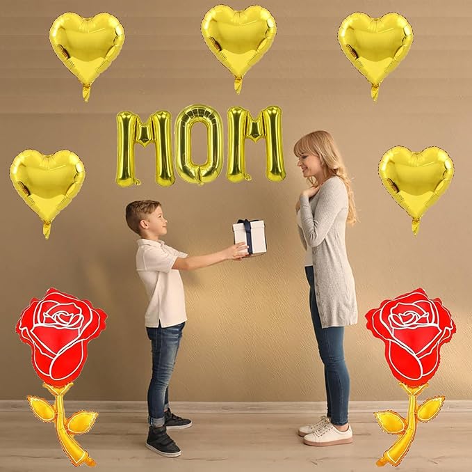 Gold Mom Balloons Gold Rose Heart Balloons Mother's Day Balloon for Mother's Day Party Decorations Theme Supplies Mom Party Balloon Set-10 PCS