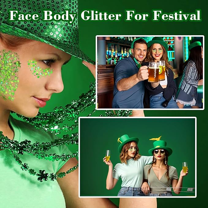 MEICOLY Lime Green Face Body Glitter for,St Patricks Day Accessories, Holographic St Paddys Face Glitter Self-Adhesive, Light Green Body Glitter,Chunky Glitter Face Paint for Party Festival Halloween