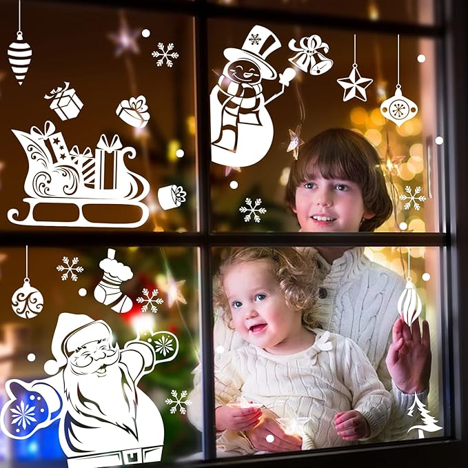 CCINEE Christmas Window Clings, 167pcs White Xmas Window Sticker 8 Sheets Snowflakes Santa Claus Reindeer Decals for Holiday Decoration Glass Window