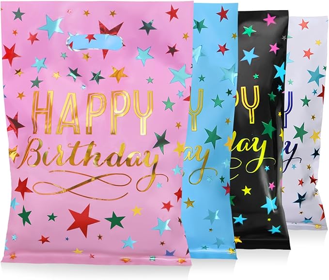 40pcs Party Favor Bags for Kids Birthday Goodies Bags, Plastic Gift Bags for Kids Girls Boys Candy Birthday Party Favor Gift Wraps (40pcs star pattern 4colors)