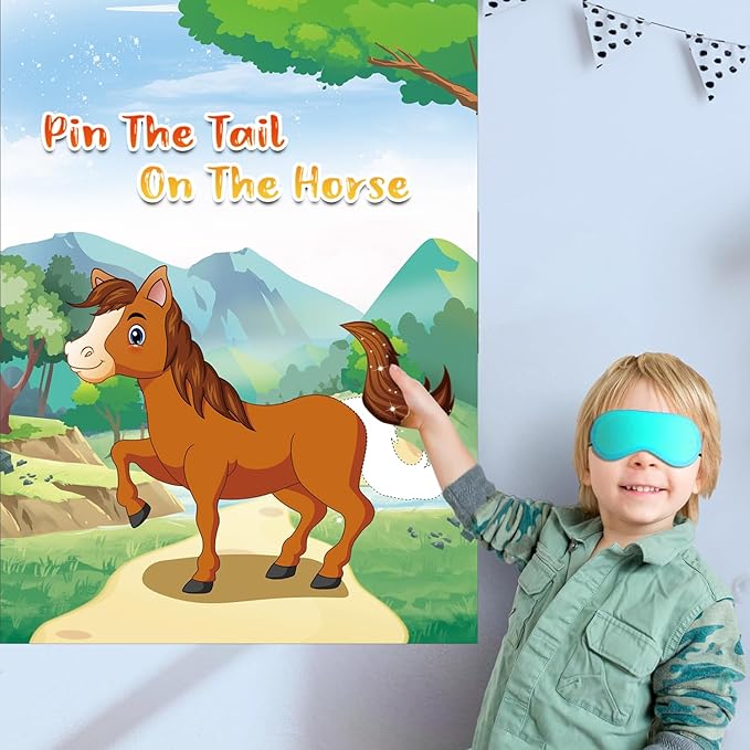 Pin The Tail on The Horse Game -Horse Party Games for Kids with 21'' x 28'' Poster, Resuable Tails Stickers Party Supplies for Kids Birthday Party Favor Sets