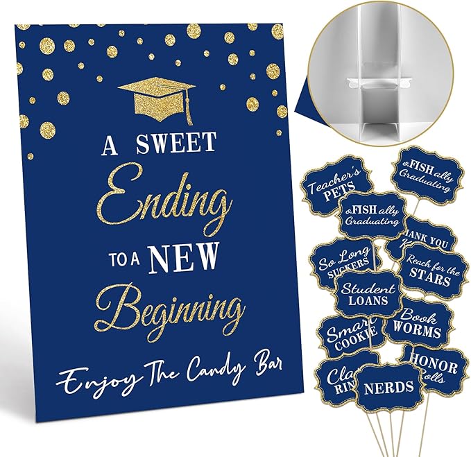 Graduation Candy Buffet Labels for Grad Party Decorations, Graduation Candy Bar Dessert Food Label Signs Set, Class of 2026 Grad Parties Table Decor Supplies (Blue and Gold)