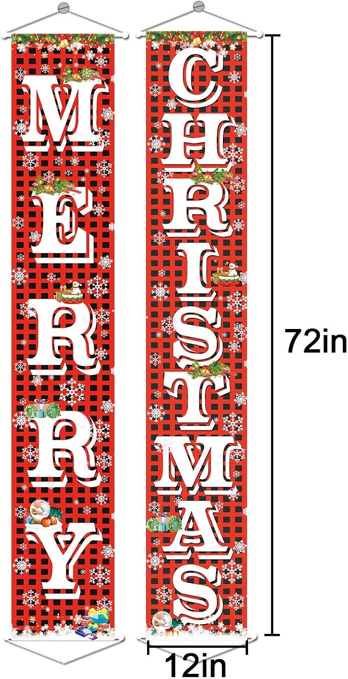 FECEDY Merry Christmas Hanging Banner Porch Sign with Pattern Christmas Tree Presents Snow Banner for Home Yard Indoor Outdoor Wall Door Christmas Party Decorations 72"x12"