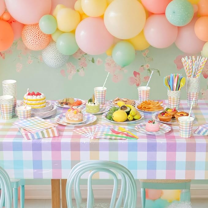 452 Pcs Pastel Easter Party Decoration for 50, Spring Easter Paper Plates Napkins Cups Tablecloth Cutlery Straws Rainbow Pastel Gingham Plaid Tableware for Spring Birthday Party Supplies