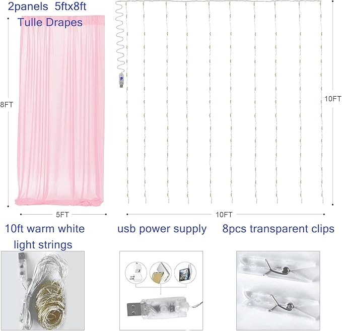 Pink Tulle Backdrop Curtains with Lights, Elegant Sheer Photo Backdrop Drapes, Soft Fabric & LED Curtain for Wedding Brithday Parties Photoshoot Background Decor, 10ftx8ft
