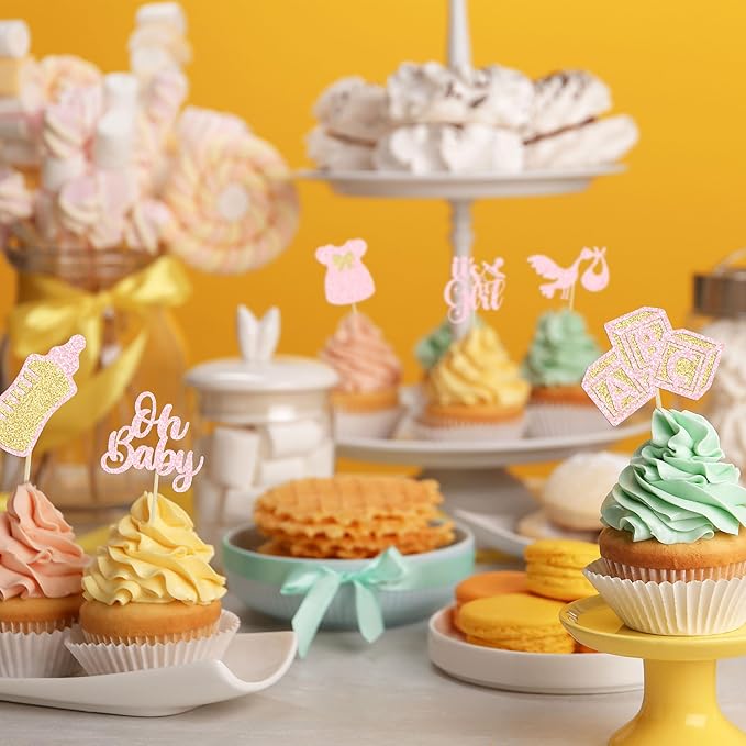 Gyufise 24Pcs Baby Shower Cake Topper, Light Pink, Baby Girl Themed Cupcake Picks for Gender Reveal, Birthday Party Supplies