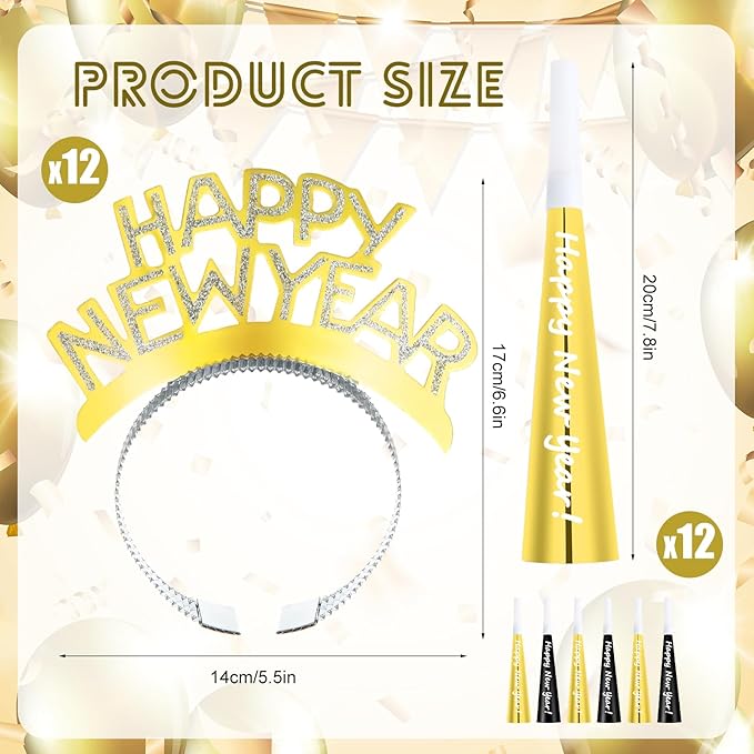 Shappy 24 Pcs 2026 New Year Party Supplies Happy New Year Headband Horn Sounder Noisemakers Eve Party Decorations