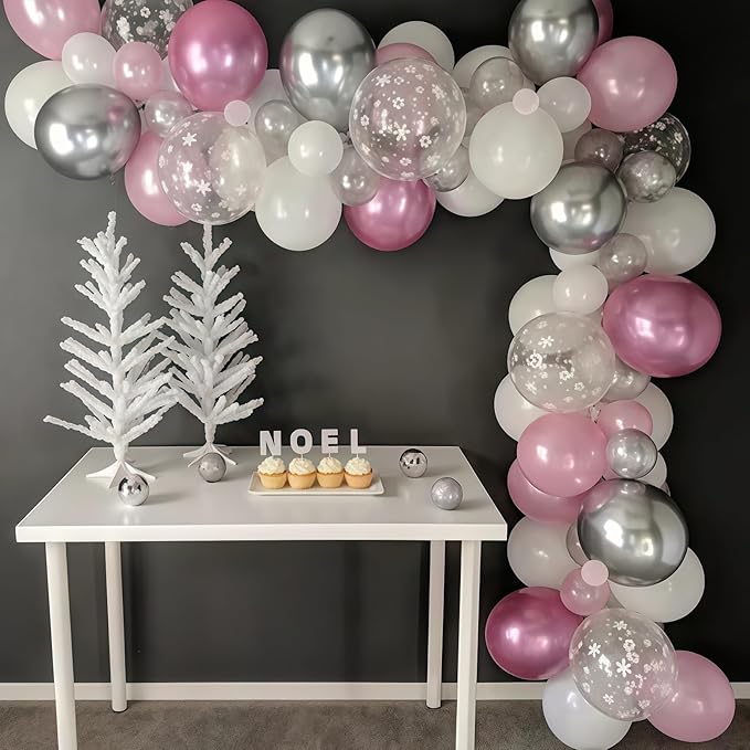 Pink Winter Wonderland Balloons, 60PCS Pearl White & Pink Double Stuffed Balloons, Metallic pink Silver and Snow Balloon for Princess Ice Wonderland Baby Shower Christmas Birthday Party Decorations