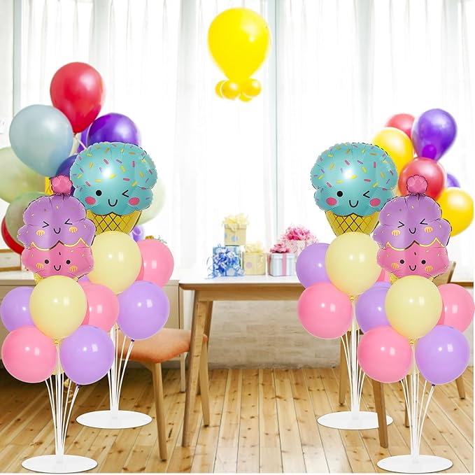 4 Sets Ice Cream Birthday Party Balloons Stand Kit with Ice Cream Foil Balloons Macaron Theme Party Ball Balloon Centerpiece for Tables for Summer Themed Birthday Baby Shower Decoration