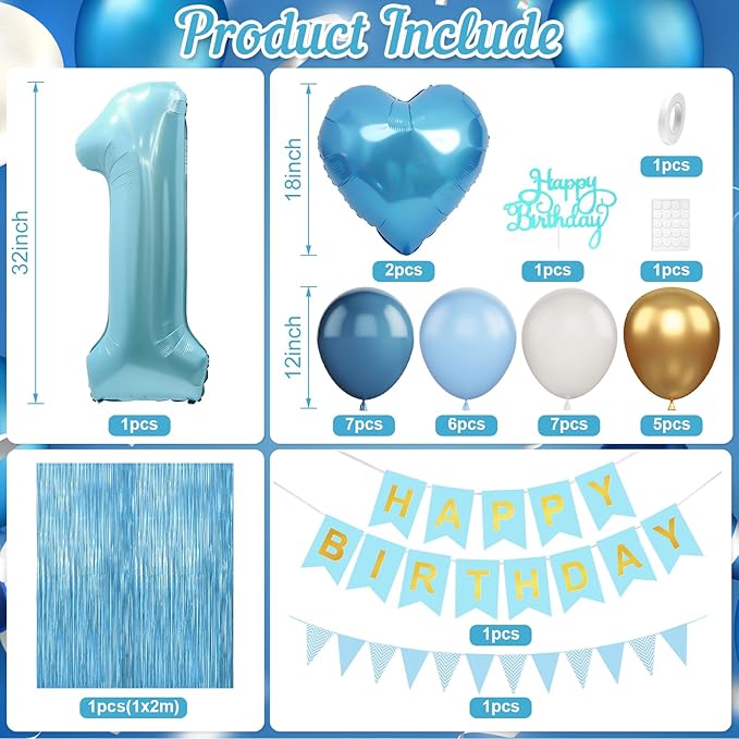 1st Birthday Decorations Blue White Gold,First Birthday Balloons with Happy Birthday Banner Fringe Curtain Heart Foil Balloons for Boys Girls 1 Year Old Birthday Decor