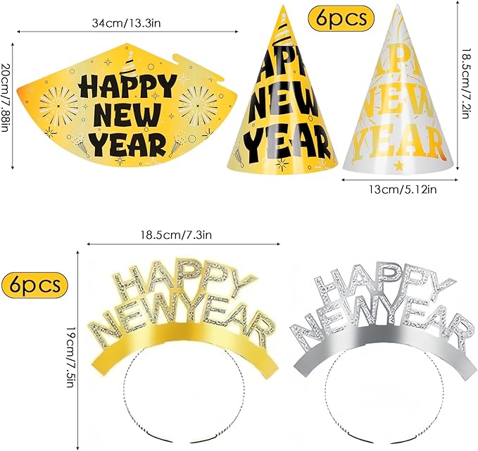 YVAINE 2026 New Year Eve Party Supplies 36pcs Gold Silver Years Eve Decorations Kit - Happy New Year Paper Glasses Headband Cone Hats Noisemaker for 2026 Happy News Year Eve Party Supplies