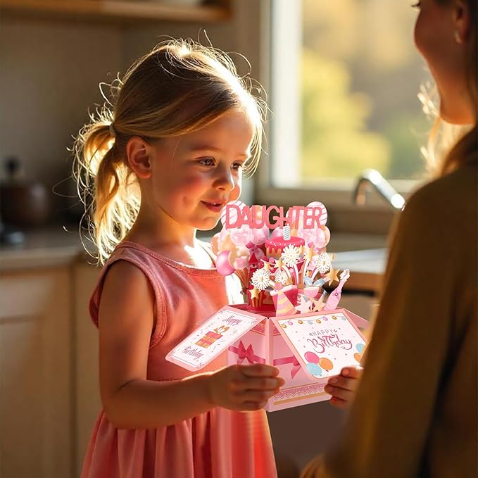 Happy Birthday Daughter Pop Up Card, Personalized 3D Birthday Greeting Card with Envelope Creative Gift for Daughter from Parents Party Decoration Keepsake