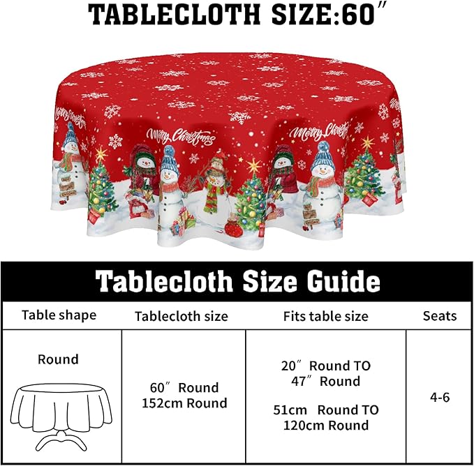 Christmas Tablecloth Round 60 Inch Red Winter Snowman Snowflake Table Cloth Farmhouse Xmas Tree Snow Table Cover for Kitchen Dinner Room Holiday Party Indoor Outdoor Home Christmas Decor
