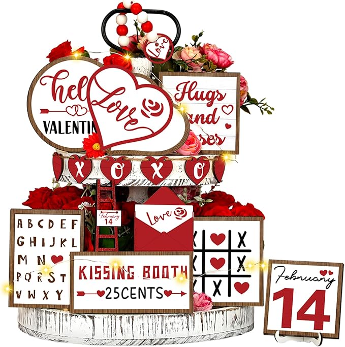 16 Pcs Valentine's Day Tiered Tray Decorations Set Valentine Heart Wood Sign Farmhouse Romantic Sweet Table Decor Love Theme Centerpieces for Kitchen Home Decor Wedding Party Gift