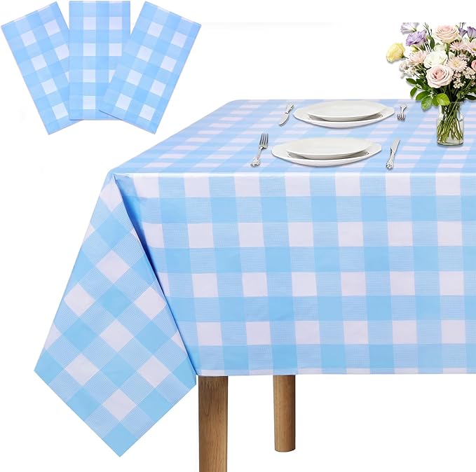 3 Packs Sky Blue Checkered Tablecloth 54 x 108 Inch Waterproof Rectangular Plaid Tablecloth Disposable Plastic Table Cover for Holiday Birthday Party