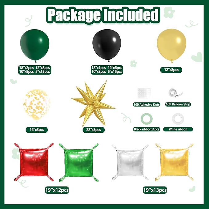 152Pcs Green and Gold Foil Square Balloon Wall Backdrop with Emerald Green Gold Black Latex Balloons Arch Garland Kit, Double Sided Balloon Tunnel for Baby Shower Jungle Graduation Party Decorations