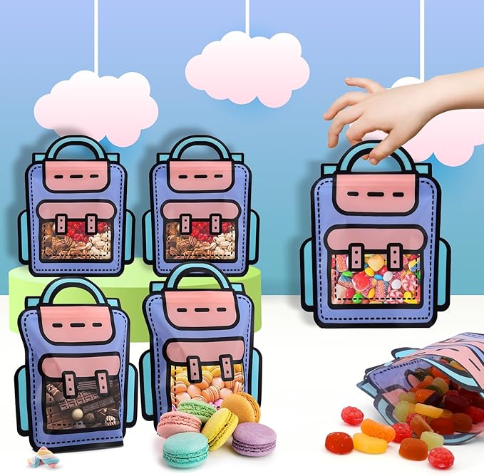 EONSUI 30PCS Plastic Cartoon Backpack Shaped Goodies Bags with Handles for Kids Birthday, Back to School Supplies, Baby Shower, Party, Wedding, Reusable Bulk Gift Wrapper for Candy, Snacks, Chocolate