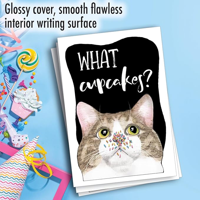 NobleWorks, Pack of 3 Funny Birthday Greeting Cards with Envelopes (1 Design, 3 Each) Cat Antics - Cupcakes C3638ABDG-C3x1
