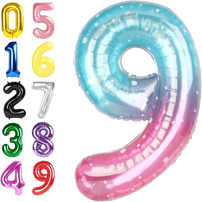 Pink Blue Purple 9 Balloon, Big 40 Inch Happy 9 19 29 90 Birthday for Men And Women, Foil Balloons Decoratins for Wedding Anniversary, Single, New Year, Halloween Party Syupplies