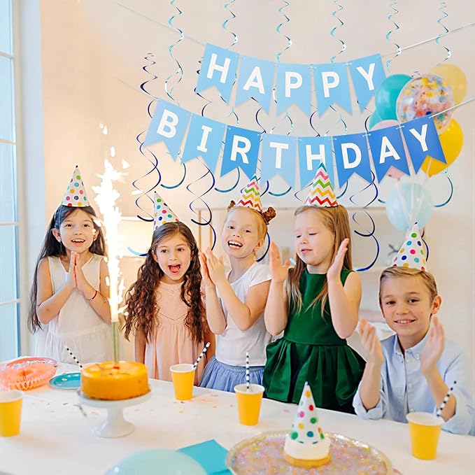 Multi Blue Happy Birthday Banner, Birthday Decorations with Metallic Hanging Swirl, Sign for Backdrop Party Decor, Bunting Banner for Men Women, Birthday Supplies for Boys Girls