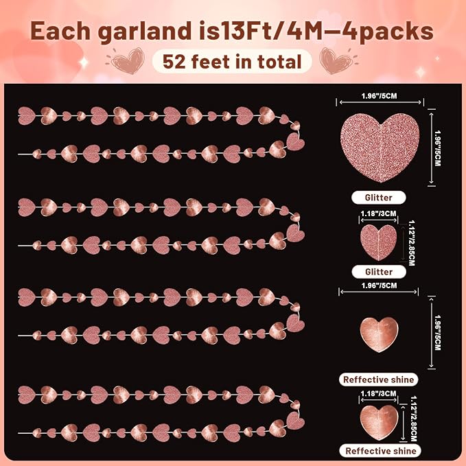 GCQQ 52Ft Rose Gold Heart Garland - Glitter Valentines Decorations 4 Packs Romantic Paper Heart Hanging Streamer for Bridal Shower Valentine's Day Party Backdrop Decorations