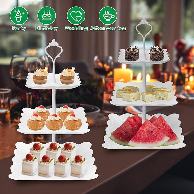 Coitak 3 Tier Cupcake Stand, Plastic Tiered Serving Stand, Square Dessert Tray for Tea Party, Birthday and Wedding (Pure White)