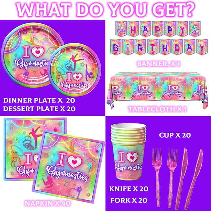 Gymnastics Party Decorations,142pcs Gymnastics Tableware Set I Love Gymnastics Plates Cups Neon Glow Gymnast Table Covers Happy Birthday Banner for Gym Theme Birthday Party Baby Shower
