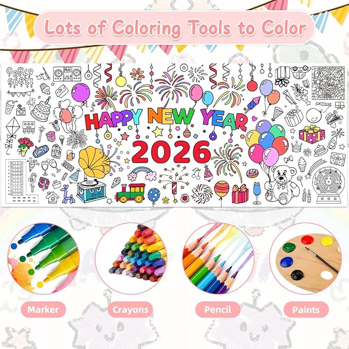 Happy New Year Coloring Tablecloth/Poster, New Years Decorations 2026, 72"x30" Giant Paper Coloring Banner Tablecloth for Kids Crafts Activities Party Decorations, Fun DIY New Years Eve Party Supplies