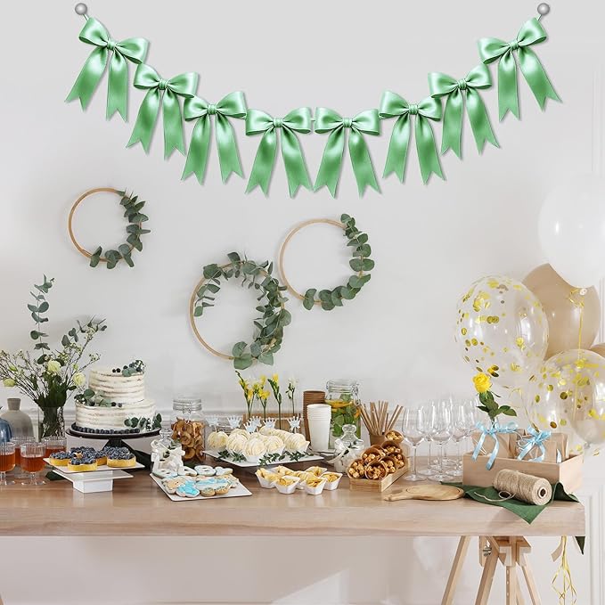 2 Strings of 16PCS Sage Green Bow Garlands Banner Decoration,Pre-Strung Satin Ribbon Ornaments for Birthday,Bachelorette Party,Bridal Shower,Wedding,Engagement,Baby Shower,Graduation Decor,Anniversary