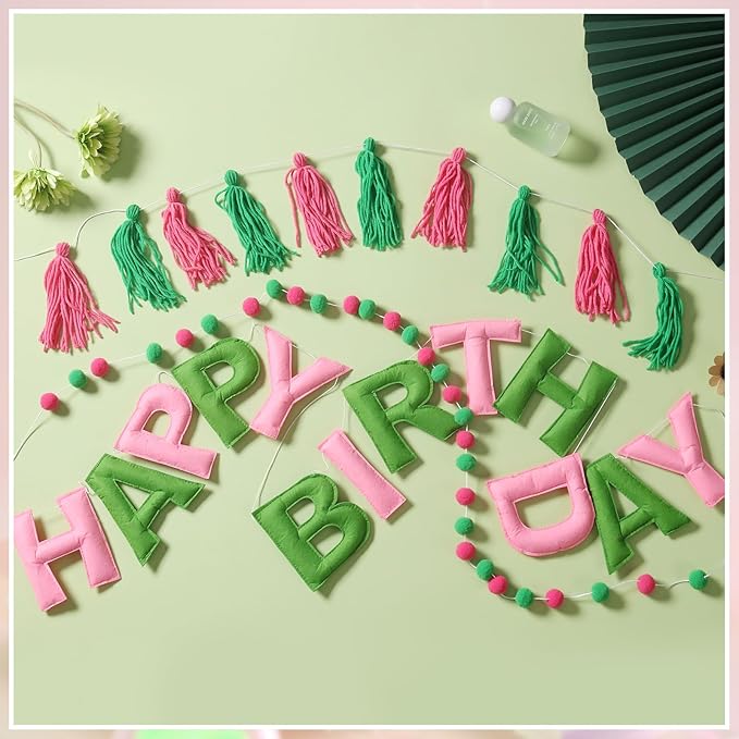 Pre-Strung Happy Birthday Banner Pink and Green Party Decorations Felt Ball Garland Sign for Witch Theme Birthday Party Décor