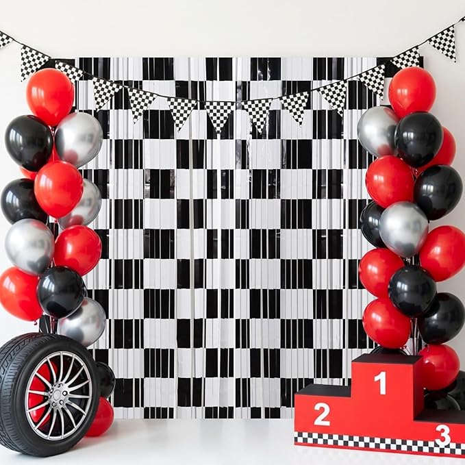 TONIFUL 2Pcs Checkered Door Streamers, Photo Booth Backdrop,Metallic Streamers Checkered Foil Fringe Curtains for Birthday,New Year,St. Patrick's Day Independence Day Labor Day Party (6.6ft x 6.6ft)