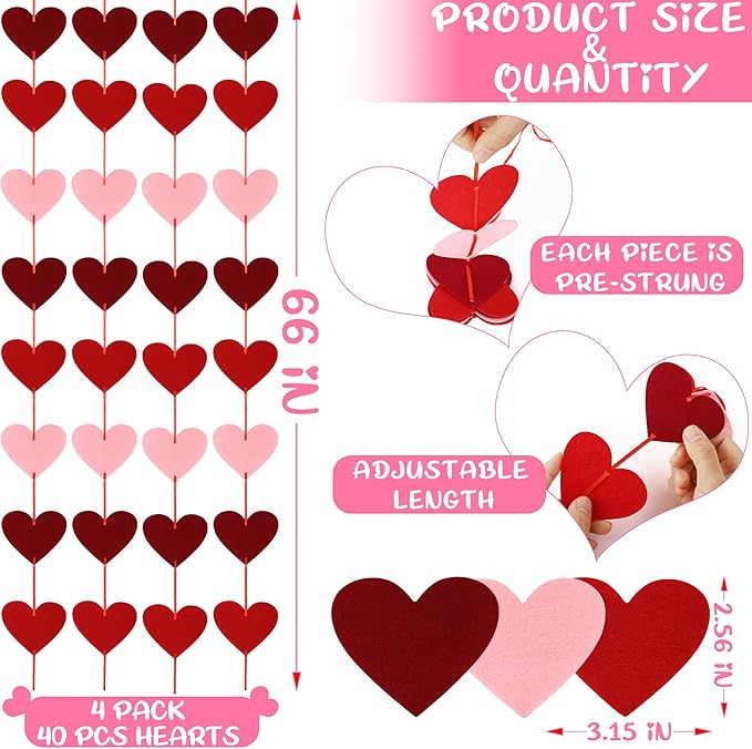 4 PCS Valentines Garland, Pre-Assemble Valentines Banner, Red, Pink, and Burgundy Galentines Day Decorations, Hanging Heart Banner for Romantic Anniversary Wedding Birthday Party Decorations