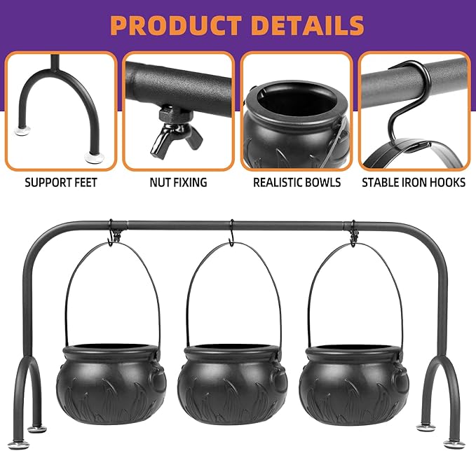 Easter Decorations Indoor,Set of 3 Witches Cauldron Candy Serving Bowls on Rack, Party Decorations,Black Plastic Candy Cauldron for Table Decor,Easter Candy for Kids