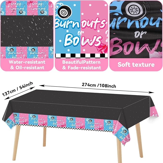 Qyeahkj 24 Guests Burnouts or Bows Gender Reveal Party Supplies Baby Boy or Girl Disposable Plates and Napkins Tablecloth Baby Shower Party Decorations Paper Tableware Set Decor Party Favors
