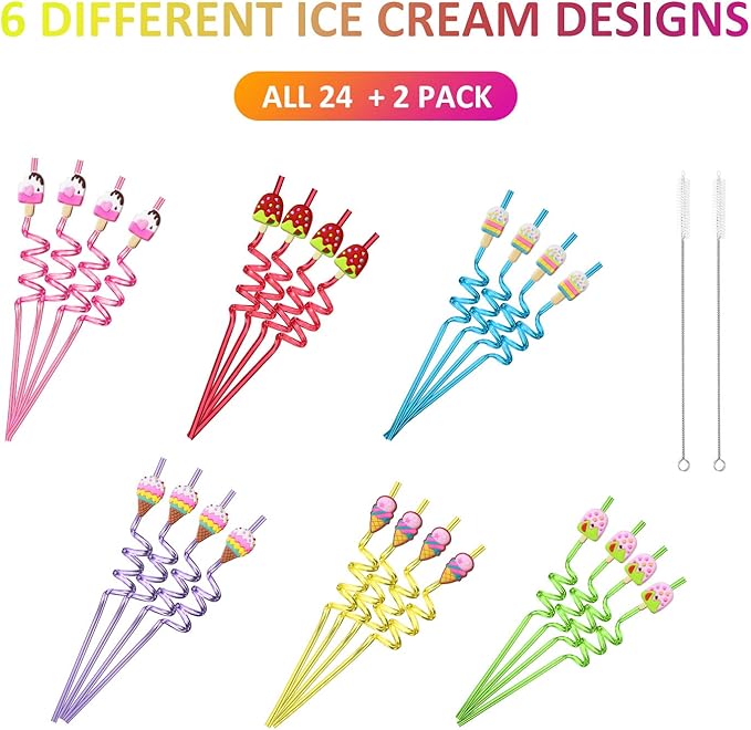 24 Reusable Ice Cream Straws for Birthday Party Supplies | Party Favors with 2 Cleaning Brush