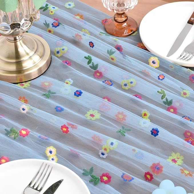 Joanlody 3pcs Blue Embroidery Daisy Spring Summer Table Runner Florals Seasonal Easter Tulle Table Runner Holiday Kitchen Dining Table Decoration Wedding Party