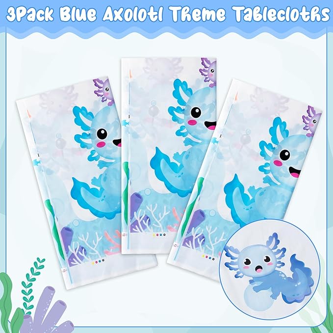 Axolotl Plastic Party Tablecovers - 3 Pack Blue Cartoon Axolotl Table Cover Decorations Disposable Waterproof Rectangle Plastic Tablecloths Rectangle Kids Birthday Baby Shower Camping Events